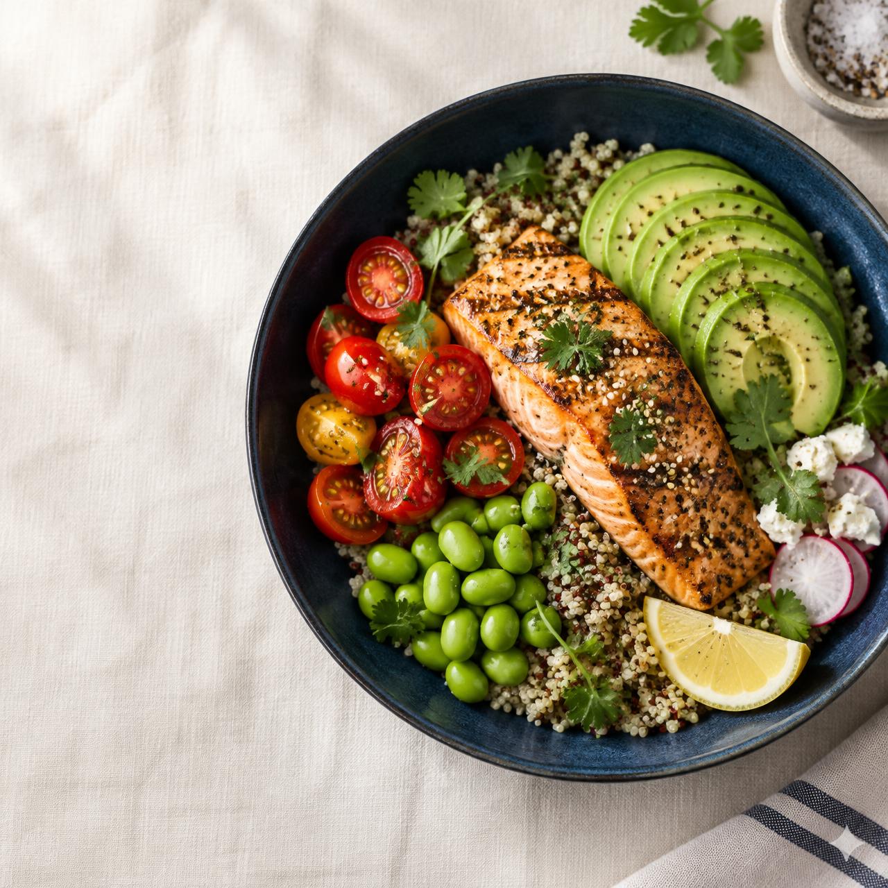 Kleurrijke bowl met zalm, quinoa, avocado en groenten